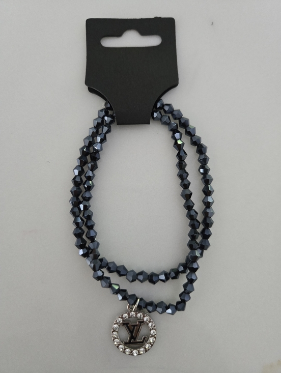 Jewelry - Crystal Bead Layered Bracelet with Rhinestone Charm - Navy